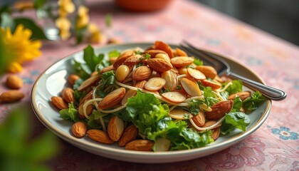 there is a plate of salad with almonds and lettuce on it.