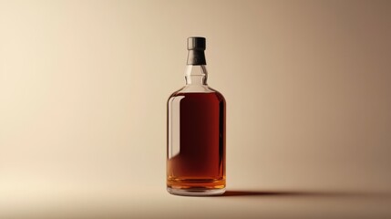 Glass bottle of amber liquid with black cap on a beige background