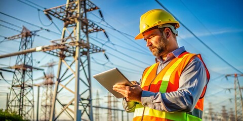 Power Line Inspector Using Tablet, High Voltage , Electricity , Infrastructure