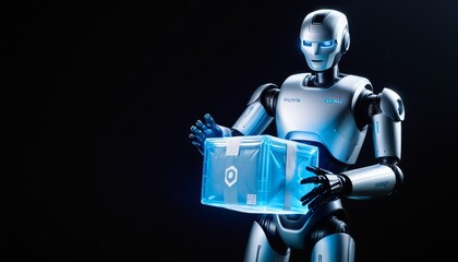 A sleek, futuristic robot holds a glowing holographic package in a dark, high-tech setting, emphasizing cutting-edge technology and the evolution of delivery systems. The image evokes a sense of