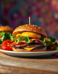 there is a hamburger with cheese and lettuce on a plate.