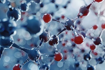 Abstract background showing complex molecular structure connecting red and blue atoms forming bonds