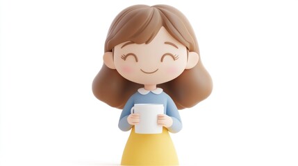 A cheerful cartoon girl holding a cup, conveying warmth and friendliness.