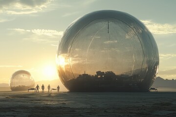 Futuristic transparent sphere structure in desert landscape at sunset
