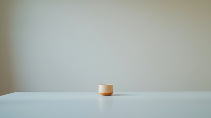 A Single Beige Cup with a Wooden Base on a White Table