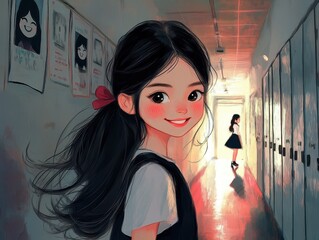 Joyful Anime Girl Walking Through School Hallway with Motivational Posters and Lockers