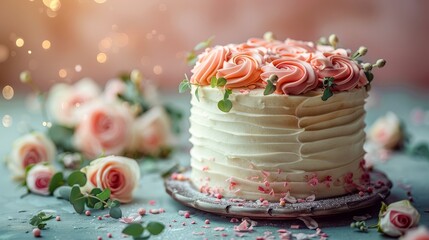 White and Coral Birthday Cake with Greenery Accents