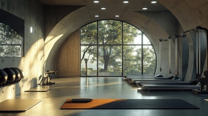 Modern office gym with rounded concrete walls, natural light from large windows, and metallic accents, creating a sleek, industrial feel