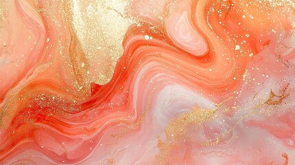 Obraz premium light pastel alcohol ink pour, colors of peach glitter gold and deep orange, sparkles and glitter, wallpaper, 3d texture dramatic look water color, big shapes waves