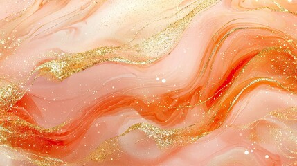 Fototapeta premium light pastel alcohol ink pour, colors of peach glitter gold and deep orange, sparkles and glitter, wallpaper, 3d texture dramatic look water color, big shapes waves