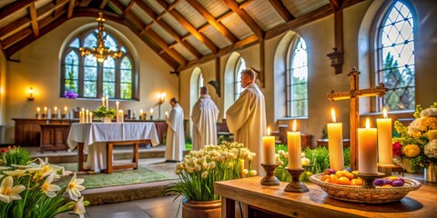 Obraz premium The Light of Faith, Candles, Cross, and Flowers in a Church, church, faith, religious