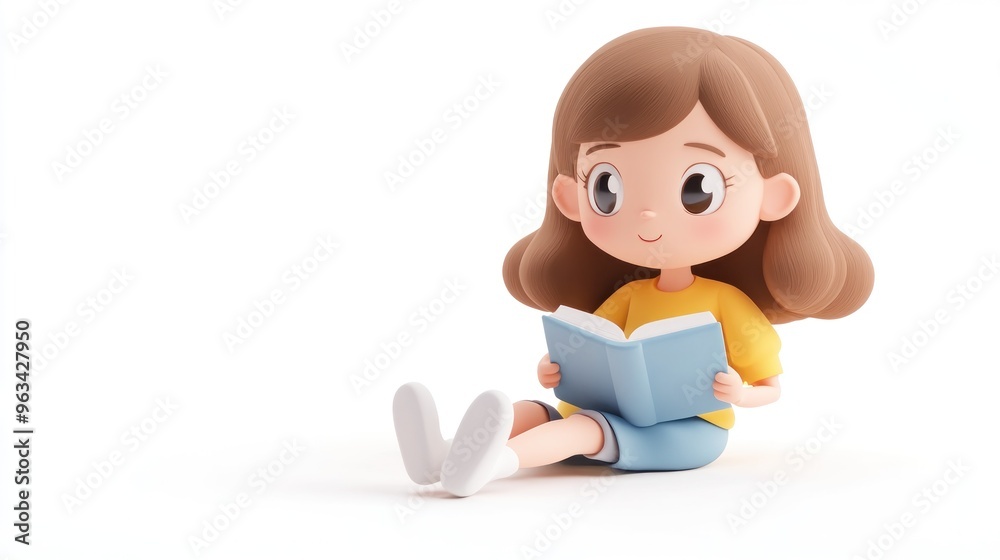 Poster A cheerful cartoon girl sitting and reading a book, promoting literacy and imagination.