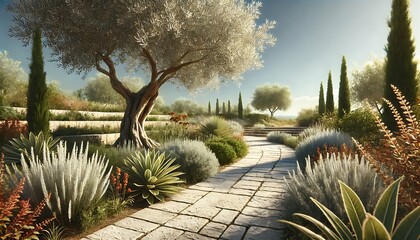 Mediterranean landscape garden with olive trees and stone pathway in warm sunlight
