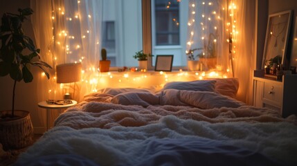 A bed with a white comforter and a lighted window