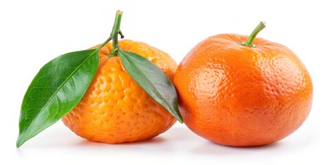 Two Ripe Tangerines with Green Leaves, Isolated on White Background, Citrus Fruit, Tangelo, Mandarin Orange, fruit, orange