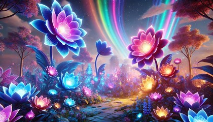 Vibrant glowing flowers in a magical fantasy garden with colorful auroras and ethereal light
