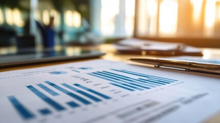 A close-up of a financial report with a complex line graph and numerical data, set on a desk with office accessories and documents.