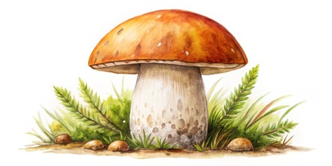 Watercolor Painting of a Single Mushroom in Grass, watercolor, illustration, mushroom, fungus, forest, nature