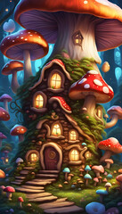 Fototapeta premium A fairy houses colony of Mushrooms in the magical forest, where stars grown on vines in moon light