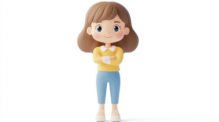 A cheerful cartoon girl with brown hair, arms crossed, wearing a yellow sweater and blue pants.