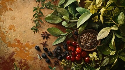 Fototapeta premium Dried Berries, Herbs, and Spices on a Rustic Background