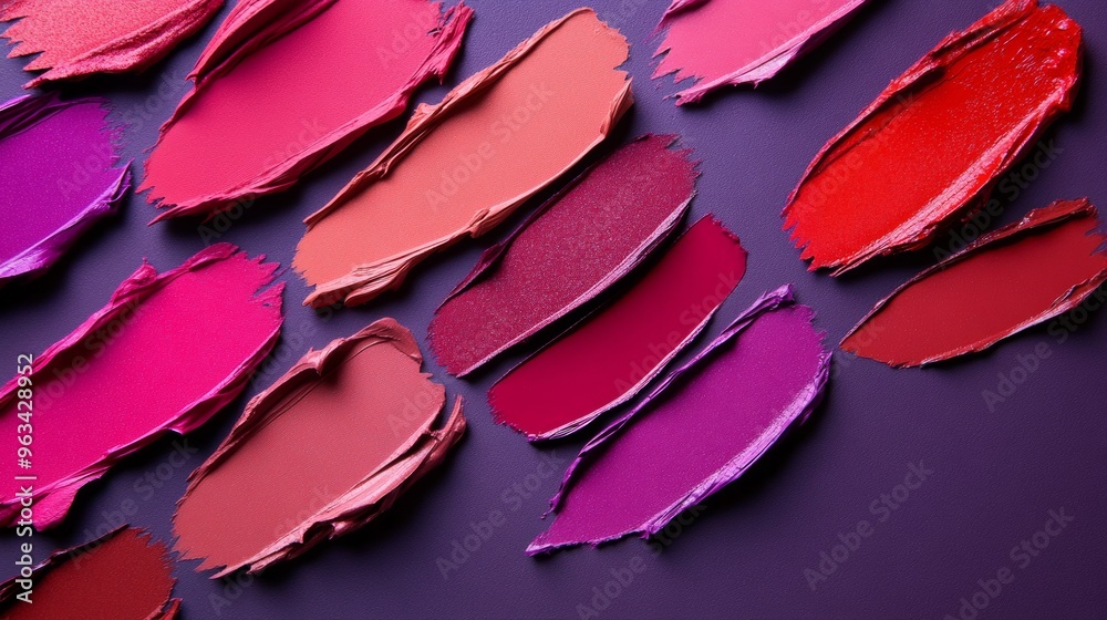 Wall mural A row of lipsticks with different colors are spread out on a purple background