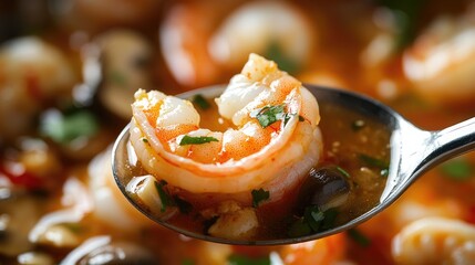 A close-up of a spoonful of tom yum goong, with shrimp, mushrooms, and a rich, spicy broth, ready to be enjoyed.