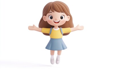 A cheerful cartoon girl with brown hair, wearing a yellow shirt and blue skirt, jumping happily.