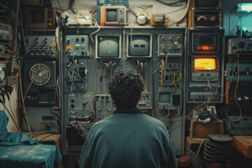 Technician standing in front of wall of vintage equipment examining circuit boards and screens