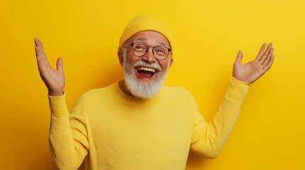 Naklejka premium A man in a yellow sweater is smiling and waving. He is wearing glasses and a yellow hat