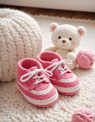 A baby pair of shoes, skillfully crocheted with a pink and white yarn