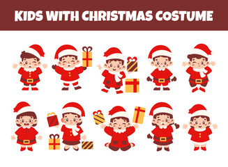 Kids wearing christmas costume vector illustration set