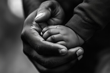 A monochrome close-up of a black or african american baby's fingers gently wrapped around father's finger, symbolizing tenderness and connection