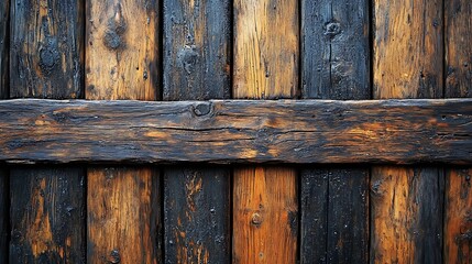Fototapeta premium Weathered wooden planks with a horizontal beam creating a rustic background.