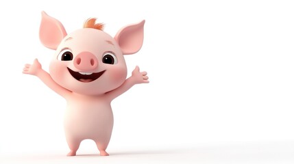 A cheerful cartoon pig character with a big smile and open arms, conveying joy and friendliness.