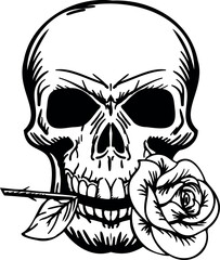 Flat isolated skull with rose. Halloween skull illustration vector.