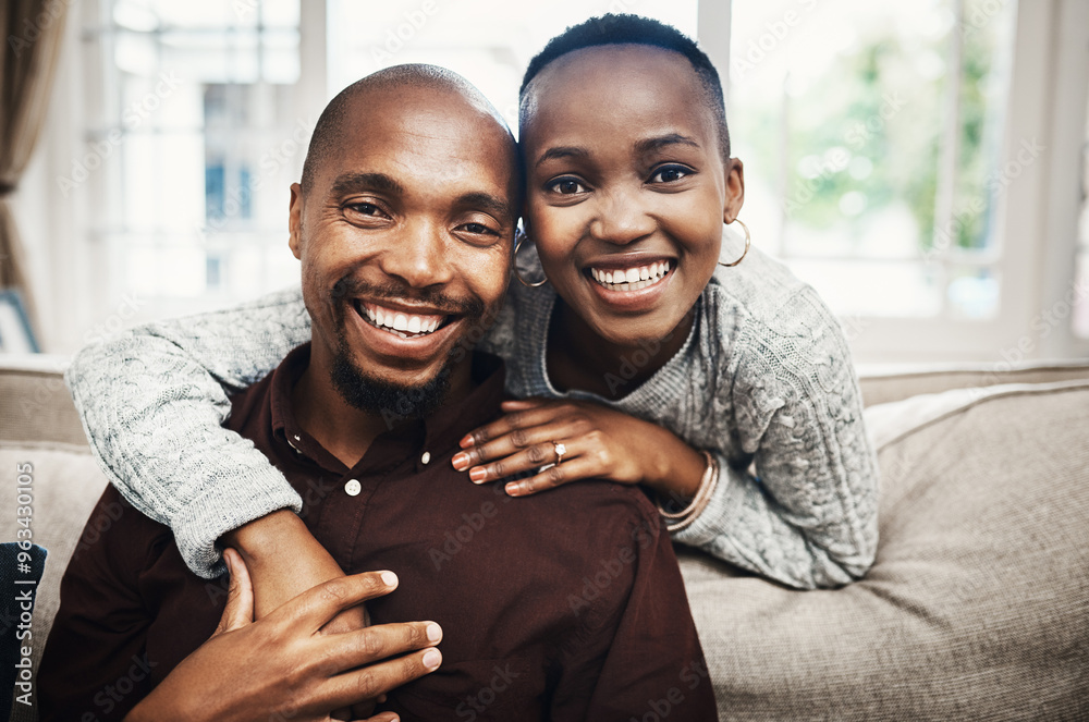 Canvas Prints Portrait, black couple and hug on couch at house for relationship love, bonding and commitment together. Smile, people and embrace for partner support, communication and marriage of loyalty trust