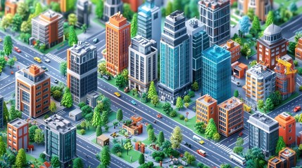 Miniature Cityscape with Buildings, Trees, and Cars