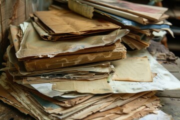 Stacked old papers and file folders sitting on a desk, showing their age with tears and wrinkles