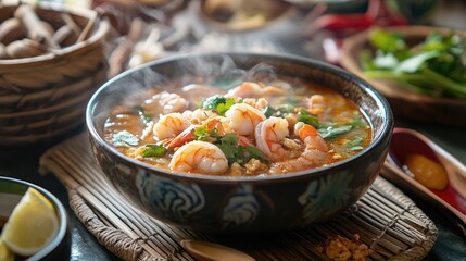A cozy dining scene with a steaming bowl of hot and sour shrimp soup placed on a table with traditional Thai condiments and utensils.