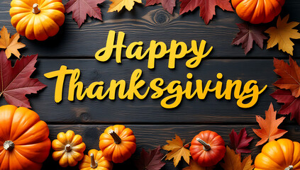 'Happy Thanksgiving' greeting text with colorful pumpkins, squash and leaves over dark wooden background