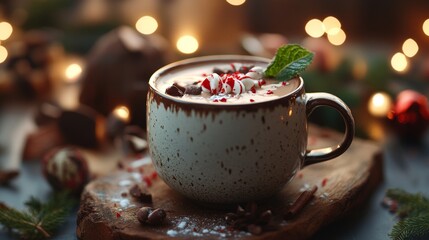 A white mug with chocolate and mint on top of it