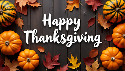 'Happy Thanksgiving' greeting text with colorful pumpkins, squash and leaves over dark wooden background