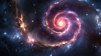 A swirling galaxy with a bright core surrounded by cosmic dust and gas.