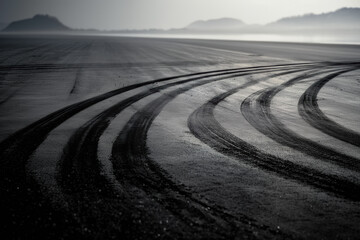 Fototapeta premium Aerial view Textured background vehicle tracks on asphalt road with ice, Tire tracks in the snow.