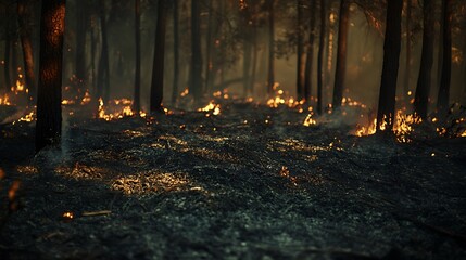 Fototapeta premium Wildfire ashes covering a forest floor, representing destruction with open spaces for overlay text and branding.