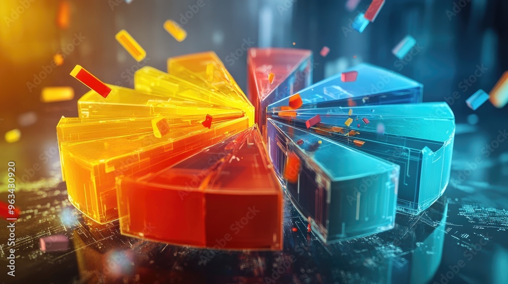 Poster a detailed 3d pie chart with each slice exploding outward, showing clear data breakdowns for busines