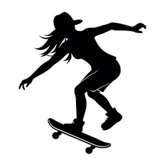 a stylish and modern girl skater practicing skateboarding with wear a hat, vector silhouette, black color silhouette isolated white background