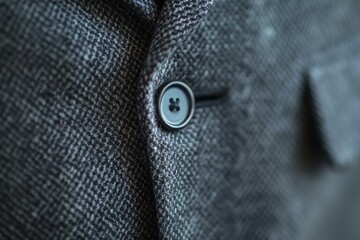 Close up of a businessman wearing a gray tweed jacket with a buttoned button, showcasing the texture and detail of the fabric