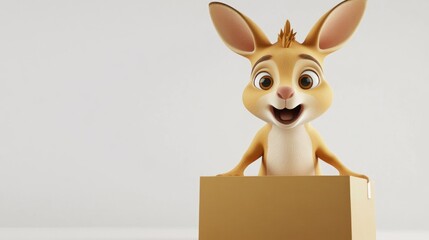A cheerful cartoon rabbit peeks out of a cardboard box, expressing excitement and joy.